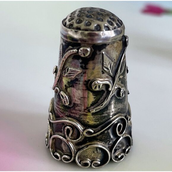 Vintage lot 2 Thimbles Ornate Taxco Mexico Sterling Alpaca silver - Picture 5 of 15